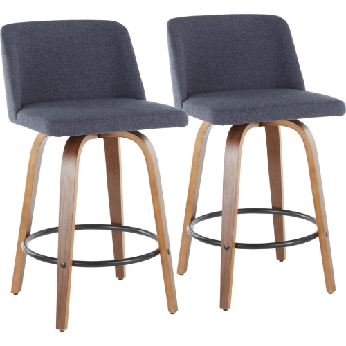 Toriano 26" Counter Stool in Blue Fabric & Walnut Wood (Set of 2)